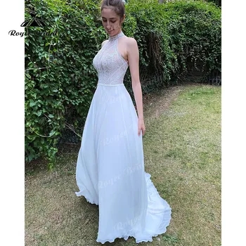 trouwjurk Boho Vintage düğün elbisesi Geri Düğmeleri ile Illusion Yüksek Boyun Dantel Şifon Bir Çizgi Plaj gelin kıyafeti Vestidos 2023