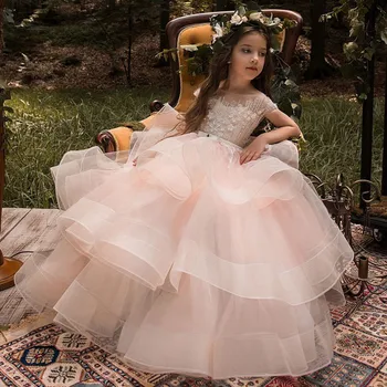 Zarif Ruffles Balo Çiçek Kız Elbise Pembe Aplikler Çocuklar Prenses düğün Pageant Törenlerinde Vestidos De Fiesta