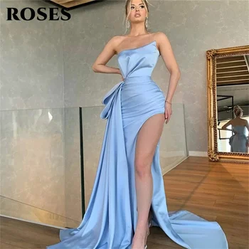 Seksi Straplez Akşam Elbise Uzun Açık Mavi Balo elbisesi Tren Pleats Backless Kadınlar Örgün Parti Törenlerinde Bölünmüş Elbiseler De Soirée