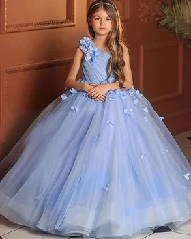 Mavi Pageant Çiçek Kız Elbise Düğün İçin Bir Omuz Kolsuz Küçük Kız Doğum Günü Partisi Elbisesi Çiçek Çocuk Balo Elbise