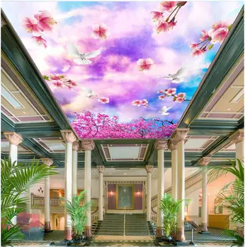 Özel fotoğraf 3d tavan duvar resimleri duvar kağıdı dekor Pembe çiçekler ve beyaz güvercinler gökyüzü 3d duvar resimleri duvar kağıdı oturma odası için