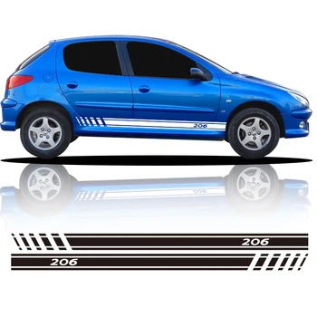 Araba Yan Kapı Grafik Vinil Çıkartmaları Peugeot 206 İçin, Yarış Spor Tasarım Çizgili Vinil Çıkartmalar Uzun Etek Çıkartmalar Aksesuarları