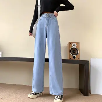 Kadınlar Yüksek Bel Cepler Düğmeler Gevşek Kot Pantolon Uzun Kot Geniş Bacak Pantolon Elbise 2020 Moda Harajuku düz pantolon