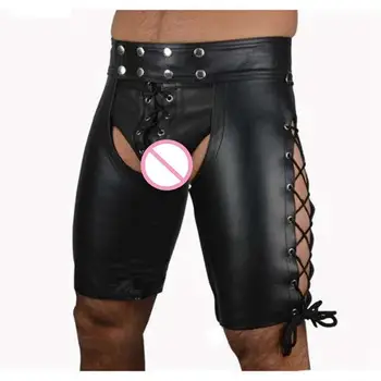 Suni Deri Açık Cortch Kısa Erkekler Seksi ıç çamaşırı Pantolon lateks tayt Clubwear Sıcak Erotik fetiş kutup dans Giyim Dantel Up Pantolon