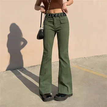 Kadın Vintage Orta Bel Rahat Uzun Pantolon 90s Düz Renk Cep Düz Bacak Flare Pantolon Cepler Gevşek Streetwear Pantolon
