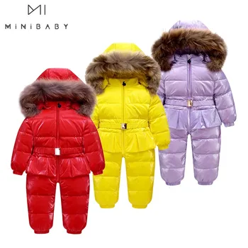 2021 Rus Kış Bebek Kız Snowsuit Büyük Kürk Giyim Parlayan Ceketler 2-5y Prenses Giysileri %90 % kaz uzun kaban Çocuklar İçin
