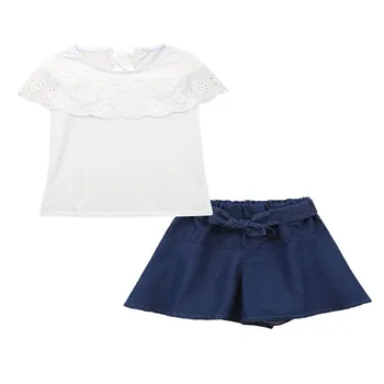 Kızlar yaz giysileri Takım Elbise Dantel T-shirt + Kot Etek 2 Adet Genç Kız Giyim Seti Rahat Çocuklar Eşofman Setleri 3-14 yıl